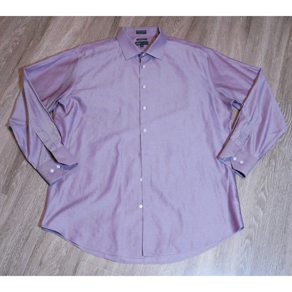 Neiman Marcus Dress Shirt Mens 17.5 34/35 Purple Herringbone Trim Fit Cotton‎
